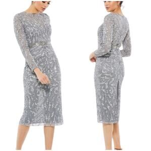 Mac Duggal NWT Embellished Illusion Midi Sheath Dress Size 4 Platinum Silver